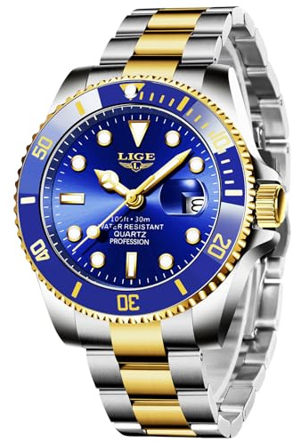 LIGE Montre Homme, Montres Bracelet Quartz Analogique, Acier Inoxydable, étanche 3 ATM （30M）, Aiguilles Lumineuses, Affichage de la Date, Classique, élégant, Professionnel et Décontracté, Or Bleu