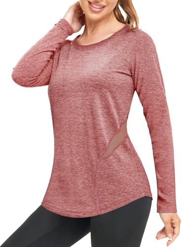 Wayleb T Shirt Donna Manica Lunga Sportiva Traspirante Slim Fit con Rete Laterale Maglia Fitness Corsa Yoga, Vino Rosso L