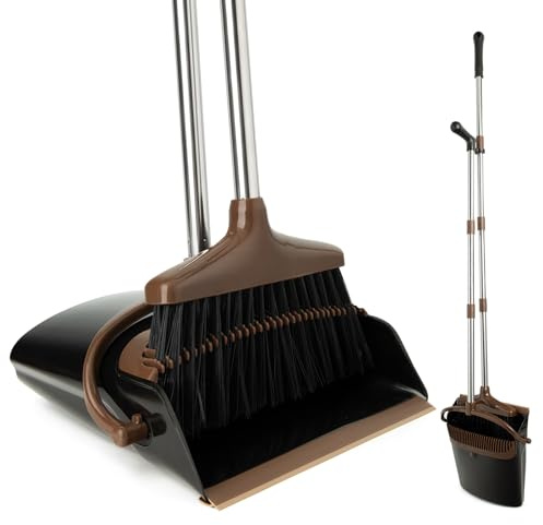 XXFLOWER Set di scope e paletta con manico lungo, scopa con paletta, set con manico estraibile, paletta Broom and Dustpan, per la pulizia della casa, ufficio (nero marrone)