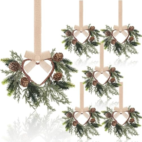 6 Pcs 6 Christmas Mini Cabinet Wreaths, Small Norfolk Wreaths Kitchen Cabinet Real Touch with Bow Ribbon Red Berry for Xmas Front Door Window Chair Fireplace Table Pillar Farmhouse Decor E 24In