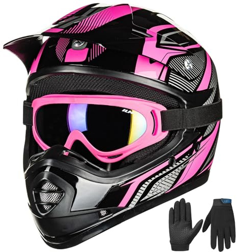 ILM Barn motorcykelhjälm Cross Dirt Bike pojke och flicka för unga unisex godkänd ECE22.06 Full Face Off Road ATV enduro MTB med glasögon handskar modell B07, svart rosa, S
