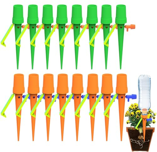 Kit Riego por Goteo - 16 Piezas Goteo para Botella con Soporte Antivuelco y Válvula Regulable, Compatible con Botellas de Plástico, Ideal para Macetas y Plantas de Interior