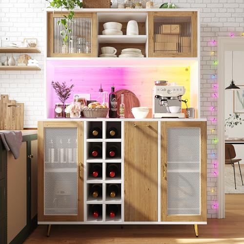 LPdorbe Buffet Cuisine 120 x 40 x 170 cm, Meuble Cuisine Rangement avec Prise Intégrée, Lumières LED, Étagères à Vin, Étagère à Snacks, Blanc + Natural