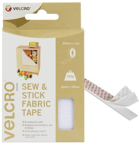 VELCRO Brand | Sew & Stick Fabric Tape | Cut-to-Length Strong Hook & Loop Self Adhesive Sticky Tape Perfect for Crafting, Clothing Repairs & Hemming | White | 20mm x 1m