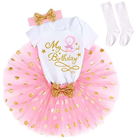 My 1/2 /1st /2nd/3rd Birthday Outfits for Baby Girl Bodysuit Romper/T-Shirt+Polka Dot Tulle Tutu Skirt +Socks+Bowknot Headband 4pcs Formal Princess Cake Smash Party Baptism Dress Pink-2nd 2T