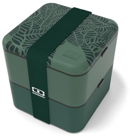 monbento - Large Bento Box MB Square Jungle with Compartments Made in France - Leakproof Lunch Box for Work/School and Meal Prep - BPA Free - Food Grade Safe - Nature Pattern - Green