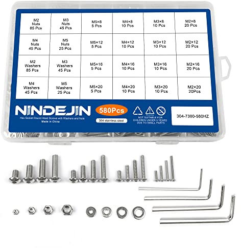 NINDEJIN 580 pcs Hex Socket Schrauben Bolzen Muttern Unterlegscheiben Kit M2 M3 M4 M5 Metrische Schrauben mit Inbusschlüssel 8/12/16/20 mm Vollgewinde Schraube 304 Edelstahl Maschinenschrauben Set