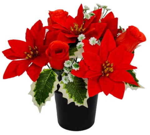 FLORIST SUPPLIES Small Artificial Flower Arrangement Christmas Potted Red Poinsettia Roses and Gold Decoration Memorial Grave Crem Cemetery Crem Arrangement Pot, 010667