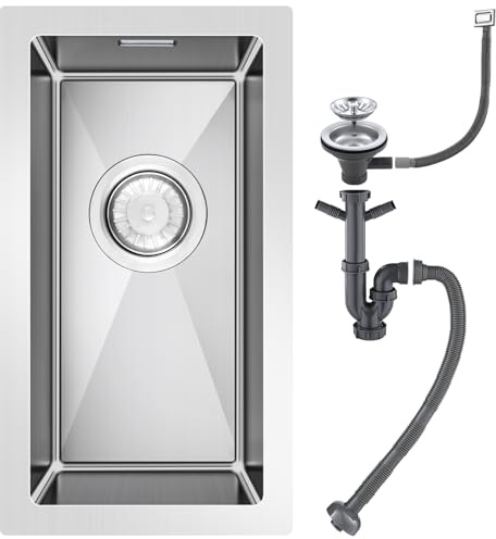 ROVOGO 45 x 23 cm Evier Cuisine en 304 Acier Inox, Kit de Vidage d'évier de Cuisine avec Trop-plein, Montage à Encastrer, à Fleur ou Sous Plan Evier Cuisine, Lavabo Cuisine 1 Bac Brossée
