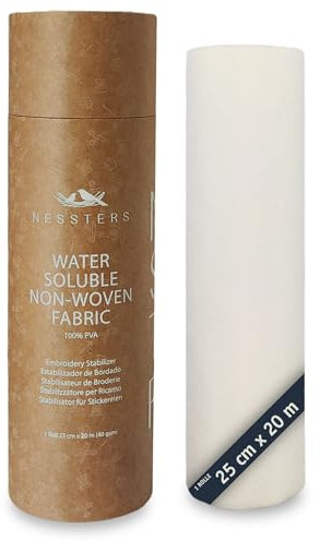 NESSTERS Stickvlies Wasserlöslich 40gsm, 25cm x 20m Rolle für Handstickerei, Maschinenstickerei, Wasserlösliches Stickvlies für Nähen & Sticken, Weiß - Perfekt für Näher & Sticker