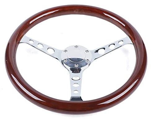 Auto Holzlenkrad, Retro Rennen Lenkrad, 380mm 15 Zoll 6 Loch Universelles Lenkrad Retro Mahagoni Holzgriff Edelstahl Speiche Mit Hornabdeckungskabel, 3 Speichen Sportlenkrad