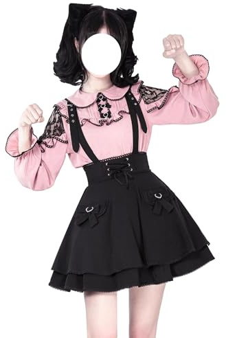 Cuteighteen Goth Minigonna Adolescenti Vita Alta Y2K Carino Pizzo Lolita Una Linea Flare Kawaii Bretelle Gonne con Fiocco, nero, L