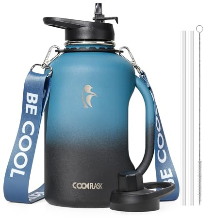 Coolflask Isolierte Wasserflasche 1893 ml mit Griff, Edelstahl-Wasserkrug mit Strohhalm, Doppelwandige Vakuum-Großflasche aus Metall mit Riemen, Auslaufsicherem, Indigo Schwarz