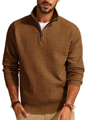 PJ PAUL JONES Troyer Herren Strickpullover mit Reissverschluss Winter Pullover V Ausschnitt Braun XL