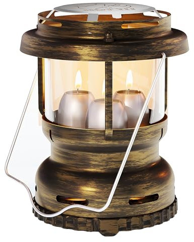 3-Wick Emergency Candle Lantern for Power Outages [18H+ Burning Time] Vintage Decorative Candle Lantern for Real Candles, Outdoor Portable Camping Survival Lighting [7.1*5.7 - Vintage Brass]