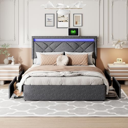 KeepGoon Lit Double 160 x 200 cm, tête de lit réglable LED et USB, Lit pour Adolescent avec 4 tiroirs en Fer, lit rembourré avec sommier à Lattes