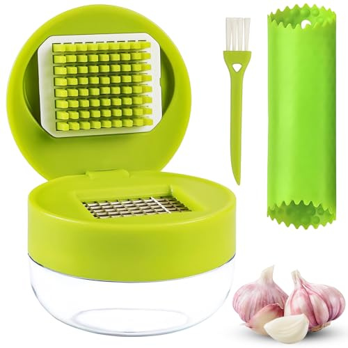 Bogoro 3 set vitlöksskärare vitlökstrimlare mini med silikon vitlöksskalare & rengöringsborste hållbar och lätt att rengöra vitlökstrimlare (rostfritt stål plast)