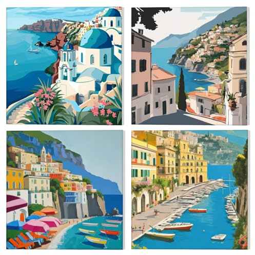 NAIMOER 4 Pack Paisaje Pintura por Números con Marco Adultos Niños, Ciudad de Travle Pintura por Números Sobre Lienzo con Marco de Madera,Pintura Arte Regalos 20x20cm