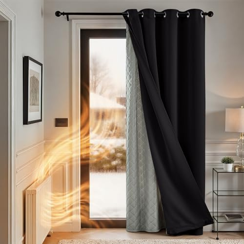 TOPICK Thermal Full Blackout Door Curtains with Removable Thick Microfiber Lining, Double Layers Thermal Insulated Windproof Soundproof Curtain for Bedroom, Living Room, W52 x L84 Inch, 1 Panel, Black