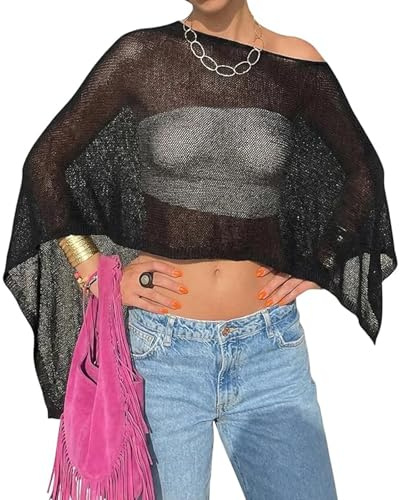 BABWWNIX Y2K - Poncho in maglia velata, da donna, leggero, estivo, da spiaggia, scialle con spalle scoperte, Nero , Etichettalia unica