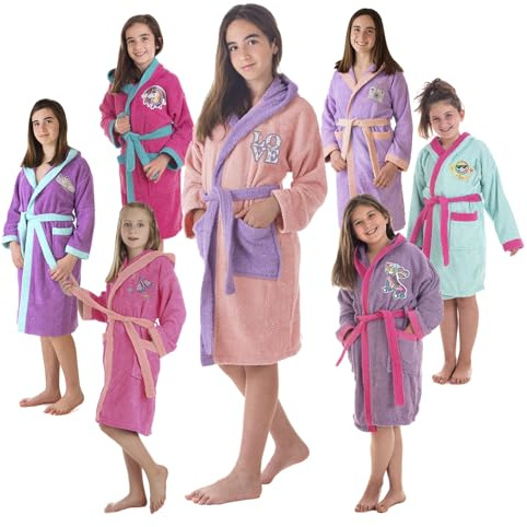 LEBENGOOD - Peignoir Filles Coton: Fille, Enfant - 100% Coton OEKO-TEX® - 2 Poches, Ceinture, Capuche, Peignoirs en peluche très doux avec broderies pour filles