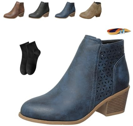 Bottines orthopédiques en cuir à enfiler à talon moyen pour femme - Automne et hiver - Talon bas - Bout pointu - Soutien de la voûte plantaire - Fermeture éclair latérale - Légères, bleu, 37 EU
