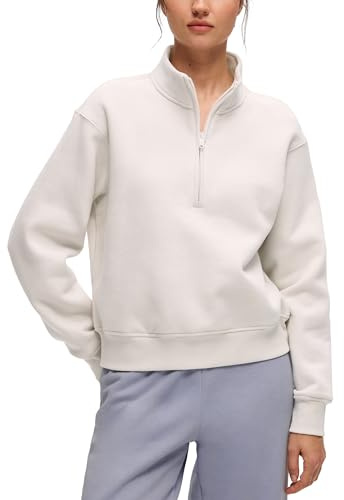 CRZ YOGA Cotton Fleece Lined Half Zip Sweatshirt for Women - Pullover Funnel Neck Workout Casual Sweat Shirts with Pocket Milky White (Bone) Medium
