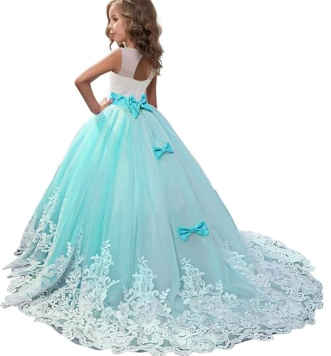 Discoball Girls Princess Dress, Flower Bow Wedding Prom Bridesmaid Party Dresses for 6-15 Years Girl Floor Length Dress