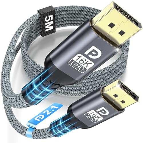 DisplayPort-Kabel 2.1 16K, DP-Kabel 5 m för Spel, 16K@60Hz/8K@120Hz/4K@240Hz/165Hz/144Hz, Stödjer 80Gbps, HDR, FreeSync, G-Sync, DSC 1.2a, HDCP 2.2 för PC, HDTV, Monitor, Laptop, Grafikkort