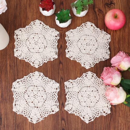 kilofly - Centrini di cotone all'uncinetto, in pizzo, a forma di ghirlanda, utilizzo come sottovasi e segnaposto, confezione da 4 pezzi, 17,78 cm, Cotone, Beige, 18 cm
