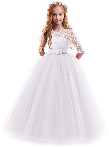 IWEMEK Robe de Carnaval Enfants Fille Princesse Longue en Dentelle avec Bowknot Demoiselle d'honneur pour Soirée, Mariage, Première Communion, Anniversaire, Fête, Photographie 2-14 Ans