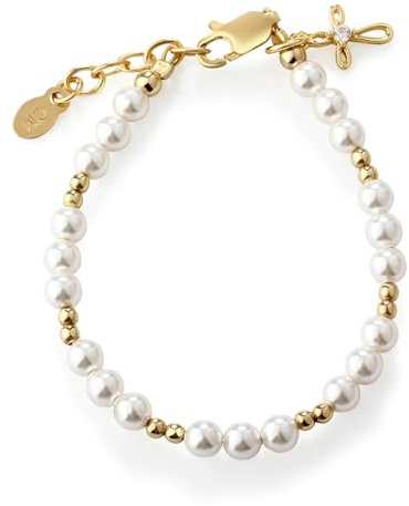 Cherished Moments Baptism Gift for Infant Girls, 14K Gold-plated Bracelet with Simulated Pearls and Cross Charm for Christening or Dedication Gift for Toddlers and Little Girls (MED)
