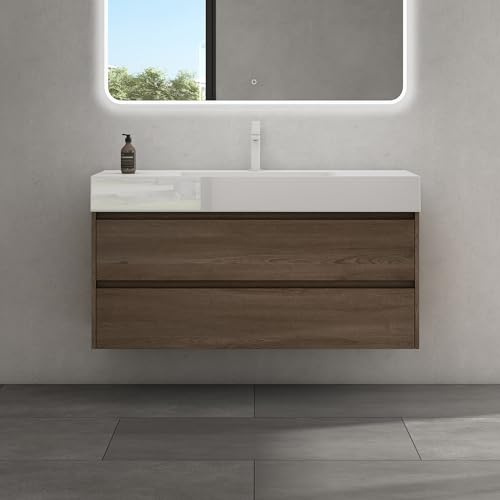 doporro Meuble de Salle de Bain Suspendu 120cm Ensemble de 2 Pièces | avec Lavabo en Solid Surface, Design Deep