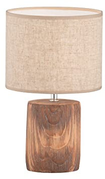 Fischer & Honsel Tischleuchte Malik, Betonlampe in Holzoptik mit Stoff-Lampenschirm & Schnurschalter, Beton in Holzfarben & Leinen in Sandfarben, Höhe 35cm, Durchmesser 20 cm