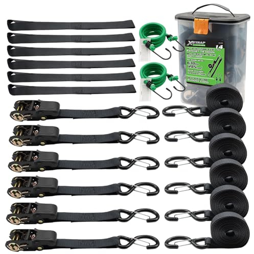 XSTRAP STANDARD Ratchet Tie Down Straps - 6 Pack 1 x 15' - 1890 lbs Breaking Strength, Safety Lock S Hooks, with 6 Soft Loops, 2 Bungee Cords, Logistic Cargo Straps for Moving Appliances, Motorcycle