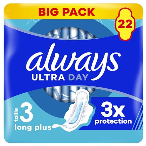 Always Ultra Serviettes Hygiéniques, Taille 3, Day & Night, 22 Serviettes Avec Ailettes, Flux Abondants Jour et Nuit, Max Confort, Super Absorbantes et Ultra Fines