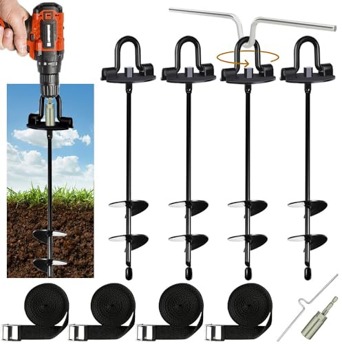 Trampolín de anclaje al suelo, 4 ganchos de seguridad para trampolín, anclaje al suelo para atornillar, con correa ajustable, adaptador de perforación, ayuda para rotación, kit de anclaje para tiendas