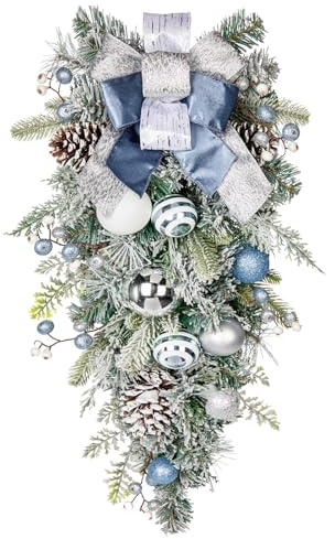 Briful 30 Christmas Teardrop Swag for Windows Artificial Winter Swags Garland with Pinecones, Berry Clusters, Blue Xmas Baubles and Ribbons for Thanksgiving Holiday Christmas Decorations
