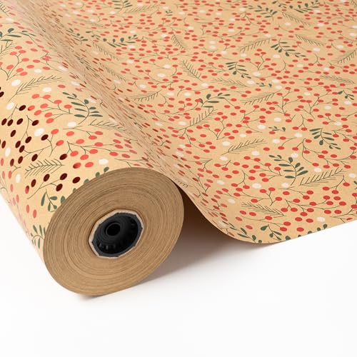 PAKOT | Bobina Papel de Regalo Navidad Bayas Rojas Metalizadas - Rollo Grande 70cm x 25m - Diseño Navideño