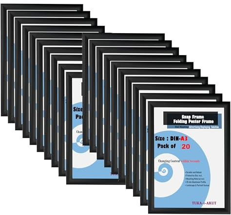 TUKA-i-AKUT 20x A3 Cadre à Clipser en Aluminium, Profilé Aluminium 25 mm Cadre pour Affiche Photo Poster, Cadre d'Affichage avec Vitre de Protection, Matériel de Fixation Noir Couleur TKD8420-A3-20X