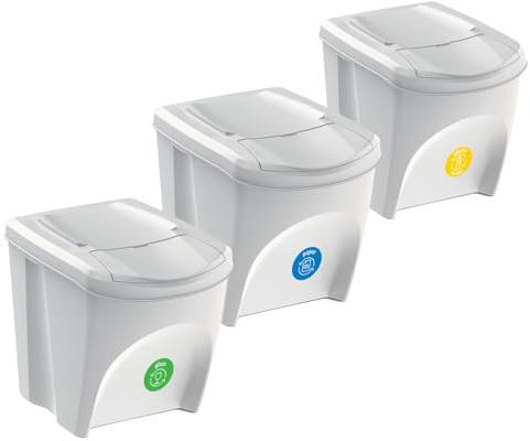 Sorting Bins Recycling Segregation Waste Set Stackable Lidded White bin 20L or 25L with Labels Stickers (3x 25L)