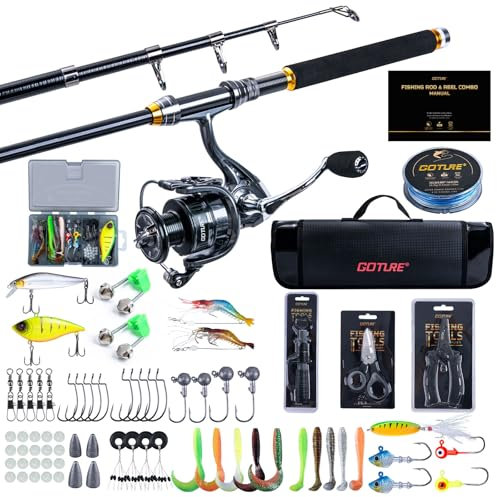Goture Angelset mit Teleskop-Angelruten (24T Carbon), 2,7m Angelrute Set Komplett 5.2:1 Spinnrolle, 150m/14kg Schnur, Köderbox & Tragetasche – für Salz-/Süßwasser, Reisen–Angelgeschenk