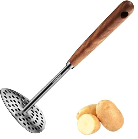 Kartoffelstampfer Edelstahl Mit Holzgriff, rutschfest manuelle Lebensmittelpresse zum Kochen, Kartoffelstampfer Küchenwerkzeug Für Babynahrung, Süßkartoffeln, Gemüse, rostfrei, spülmaschinengeeignet.