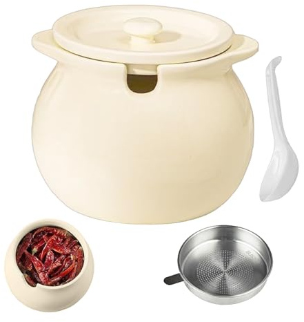 Barattolo per grasso da cucina, grande separatore di grasso, raccoglitore di olio in ceramica, filtro a maglia fine, spatola resistente al calore con ampio volume da 1,4 kg durante la preparazione dei