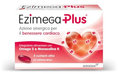 Ezimega Plus, Integratore per il Colestereolo a Base di Omega-3, Policosanoli, Resveratrolo, Acido Folico, Monacolina K, Coenzima Q10, Vitamina B6 e Vitamina B12, 20 Capsule Morbide