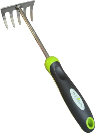 Garden Guru - Rastrello a mano in acciaio inox, per la massima resistenza, resistente alla ruggine, manico ergonomico, ideale per giardinaggio, coltivazione, allentamento, diserbo, pacciamatura