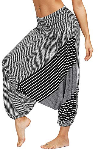 Nuofengkudu Damen Pumphose Aladin Thai Haremshose Hippie Bunt Muster Baggy Leichte Yoga Hosen Hip Hop Sommer Strandhose(W-Schwarz C,Einheitsgröße)