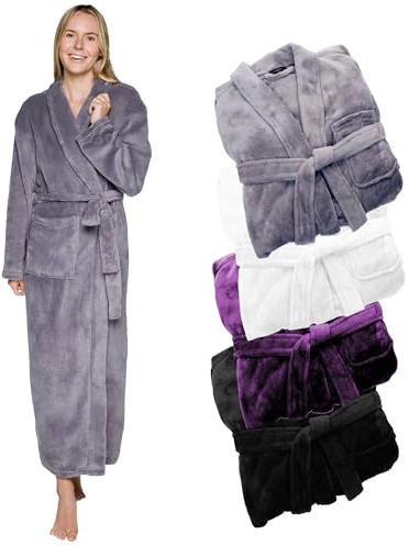 Silver Lilly Premium Womens Robe with Shawl Collar, Plush Fleece Long Bath Robe for Women, Fluffy, Warm, Fleece Women's Bathrobe