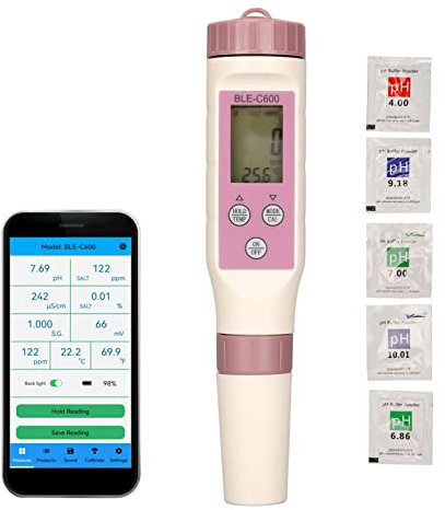 Zunate Digitales PH-Messgerät, 7-in-1-Bluetooth-PH-, TDS-, EC-, ORP-, SG-, Salinitäts- und Temperaturteststift 0,01 Hohe Genauigkeit für Haushaltsgetränke, Hydroponik, Pools und Aquarien