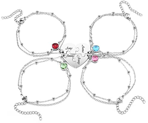 Zysta Bracciale Amicizia per 2/3/4 Migliori Amiche in Acciaio Inox, Puzzle Cuore Ciondolo Portafortuna per Amici, Catena Perline a Strati Personalizzato Incisione Nome (Per 4)